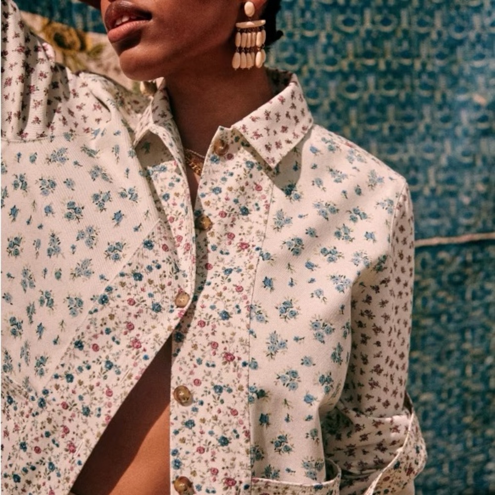 Sézane Floral-Lined Jean Jacket in Cream with Blue and Pink Flowers - Picture 8 of 8